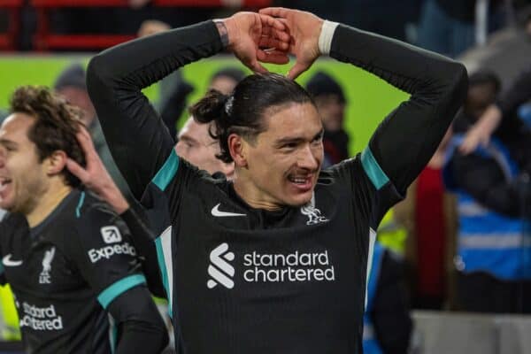 LONDON, ENGLAND - Saturday, January 18, 2025: Liverpool's Darwin Núñez celebrates after scoring the second goal during the FA Premier League match between Brentford FC and Liverpool FC at the Brentford Community Stadium. (Photo by David Rawcliffe/Propaganda)