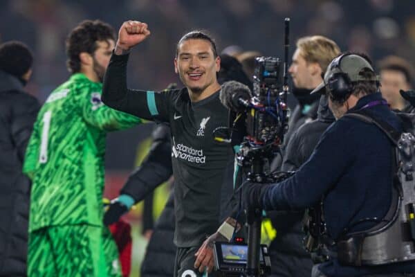 LONDON, ENGLAND - Saturday, January 18, 2025: Liverpool's two-goal hero Darwin Núñez celebrates after the FA Premier League match between Brentford FC and Liverpool FC at the Brentford Community Stadium. (Photo by David Rawcliffe/Propaganda)