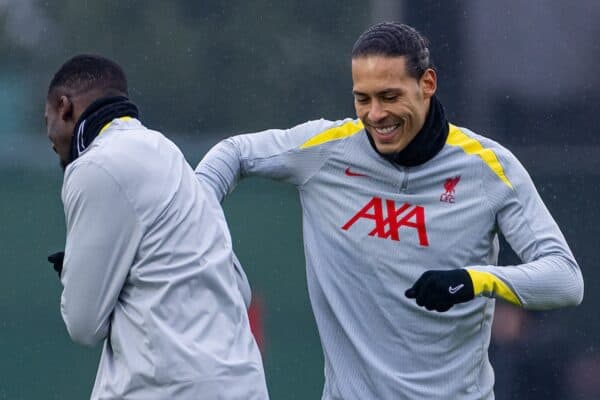 LIVERPOOL, ENGLAND - Monday, January 20, 2025: Liverpool's Ibrahima Konaté (L) and captain Virgil van Dijk during a training session at the AXA Training Centre ahead of the UEFA Champions League match between Liverpool FC and LOSC Lille. (Photo by David Rawcliffe/Propaganda)