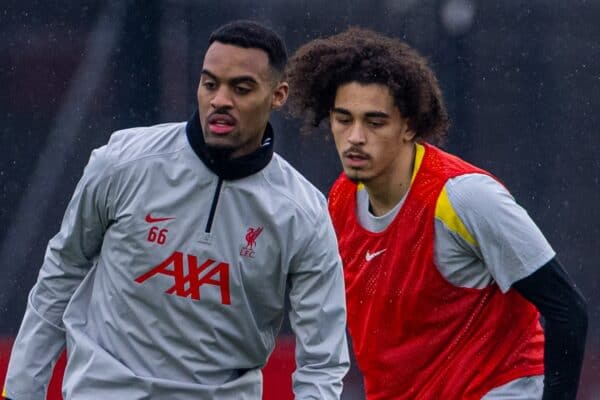 LIVERPOOL, ENGLAND - Monday, January 20, 2025: Liverpool's Ryan Gravenberch (L) and Jayden Danns during a training session at the AXA Training Centre ahead of the UEFA Champions League match between Liverpool FC and LOSC Lille. (Photo by David Rawcliffe/Propaganda)