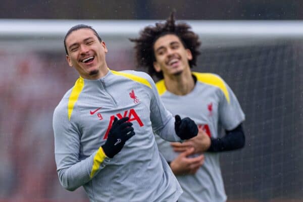 LIVERPOOL, ENGLAND - Monday, January 20, 2025: Liverpool's Darwin Núñez during a training session at the AXA Training Centre ahead of the UEFA Champions League match between Liverpool FC and LOSC Lille. (Photo by David Rawcliffe/Propaganda)