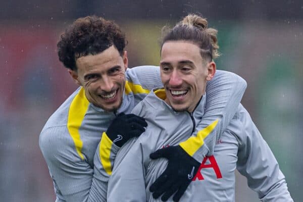 LIVERPOOL, ENGLAND - Monday, January 20, 2025: Liverpool's Curtis Jones (L) and Kostas Tsimikas during a training session at the AXA Training Centre ahead of the UEFA Champions League match between Liverpool FC and LOSC Lille. (Photo by David Rawcliffe/Propaganda)