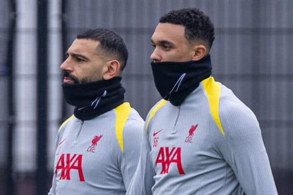 LIVERPOOL, ENGLAND - Monday, January 20, 2025: Liverpool's Mohamed Salah (L) and Trent Alexander-Arnold during a training session at the AXA Training Centre ahead of the UEFA Champions League match between Liverpool FC and LOSC Lille. (Photo by David Rawcliffe/Propaganda)