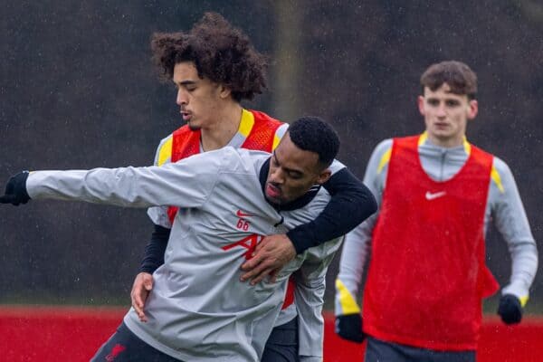 LIVERPOOL, ENGLAND - Monday, January 20, 2025: Liverpool's Jayden Danns (L) and Ryan Gravenberch during a training session at the AXA Training Centre ahead of the UEFA Champions League match between Liverpool FC and LOSC Lille. (Photo by David Rawcliffe/Propaganda)