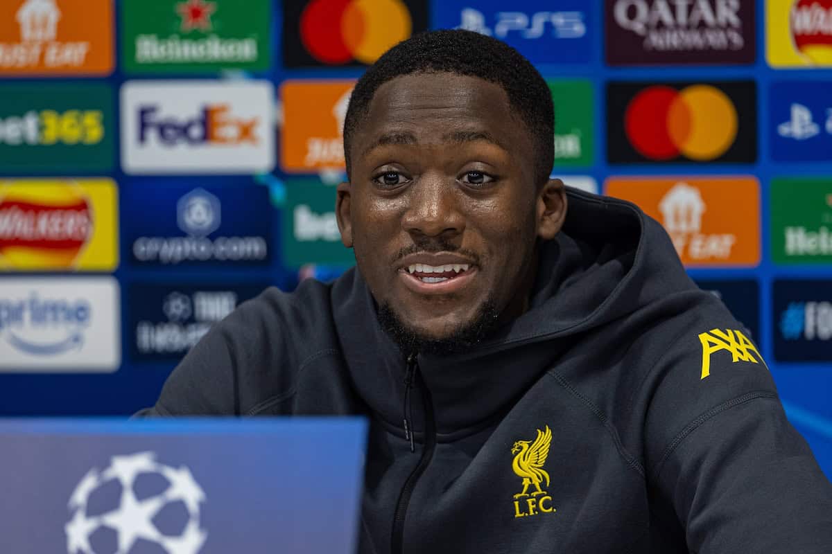 LIVERPOOL, ENGLAND - Monday, January 20, 2025: Liverpool's Ibrahima Konaté during a press conference at Anfield ahead of the UEFA Champions League game between Liverpool FC and LOSC Lille. (Photo by David Rawcliffe/Propaganda)