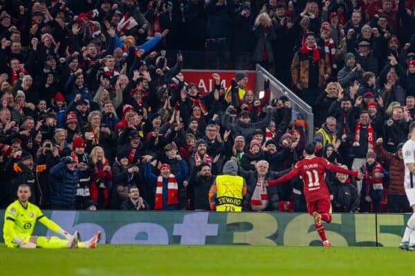 LIVERPOOL, ENGLAND - Tuesday, January 21, 2025: Liverpool's Mohamed Salah celebrates after scoring the first goal during the UEFA Champions League game between Liverpool FC and Lille OSC at Anfield. (Photo by David Rawcliffe/Propaganda)