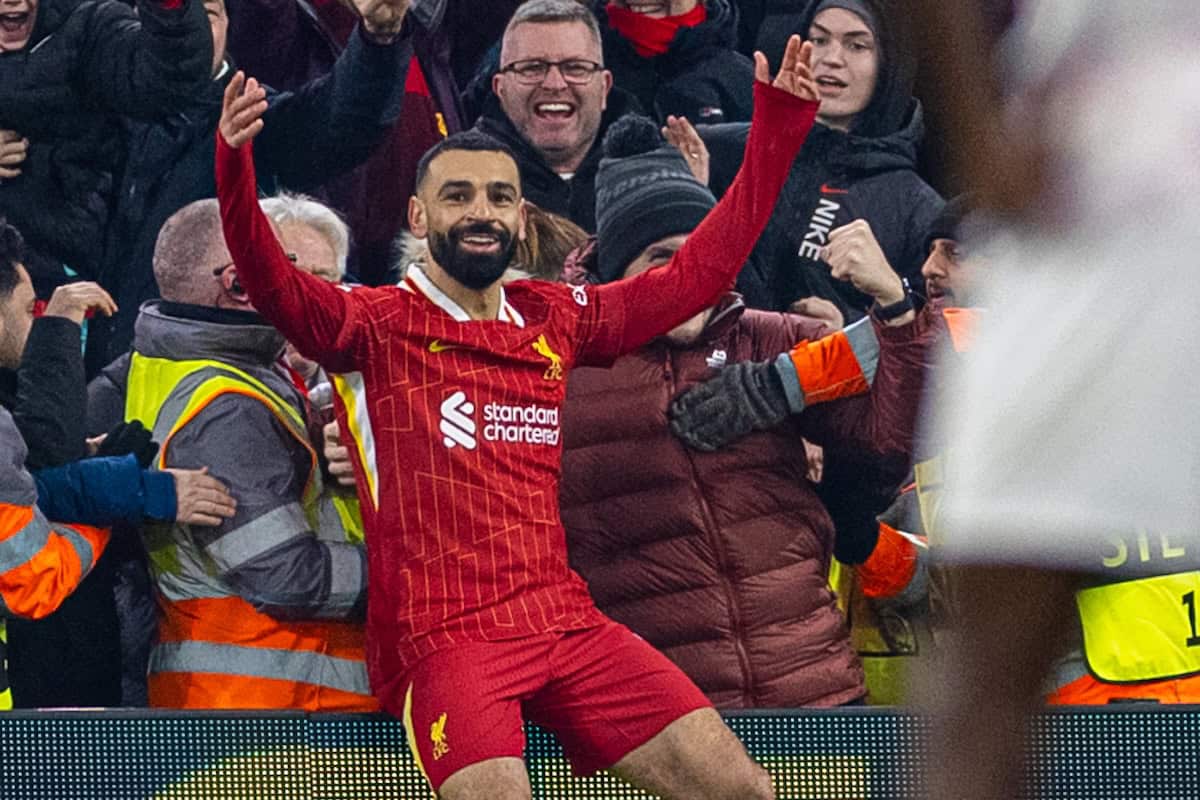 LIVERPOOL, ENGLAND - Tuesday, January 21, 2025: Liverpool's Mohamed Salah celebrates after scoring the first goal during the UEFA Champions League game between Liverpool FC and Lille OSC at Anfield. (Photo by David Rawcliffe/Propaganda)