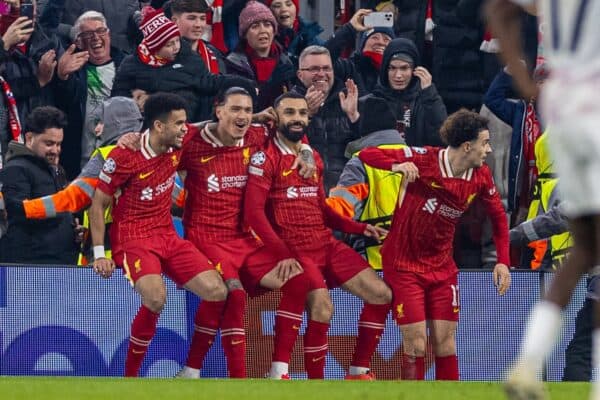 LIVERPOOL, ENGLAND - Tuesday, January 21, 2025: Liverpool's Mohamed Salah celebrates with team-mates Luis Díaz, Darwin Núñez and Curtis Jones after scoring the first goal during the UEFA Champions League game between Liverpool FC and Lille OSC at Anfield. (Photo by David Rawcliffe/Propaganda)