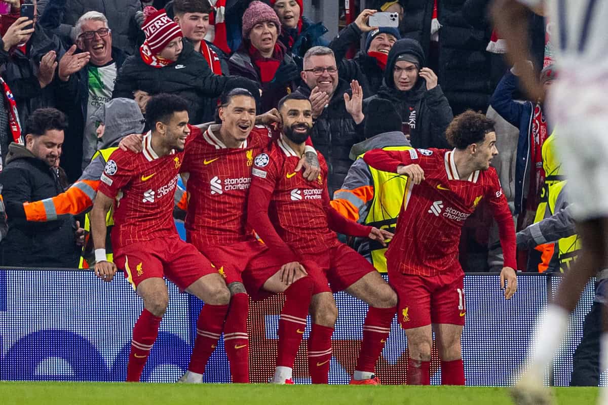 LIVERPOOL, ENGLAND - Tuesday, January 21, 2025: Liverpool's Mohamed Salah celebrates with team-mates Luis Díaz, Darwin Núñez and Curtis Jones after scoring the first goal during the UEFA Champions League game between Liverpool FC and Lille OSC at Anfield. (Photo by David Rawcliffe/Propaganda)