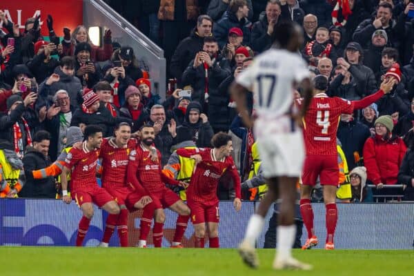 LIVERPOOL, ENGLAND - Tuesday, January 21, 2025: Liverpool's Mohamed Salah celebrates with team-mates Luis Díaz, Darwin Núñez and Curtis Jones after scoring the first goal during the UEFA Champions League game between Liverpool FC and Lille OSC at Anfield. (Photo by David Rawcliffe/Propaganda)