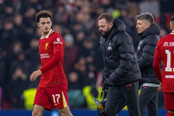 LIVERPOOL, ENGLAND - Tuesday, January 21, 2025: Liverpool's Curtis Jones walks off with an injury during the UEFA Champions League game between Liverpool FC and Lille OSC at Anfield. (Photo by David Rawcliffe/Propaganda)