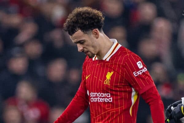 LIVERPOOL, ENGLAND - Tuesday, January 21, 2025: Liverpool's Curtis Jones walks off with an injury during the UEFA Champions League game between Liverpool FC and Lille OSC at Anfield. (Photo by David Rawcliffe/Propaganda)