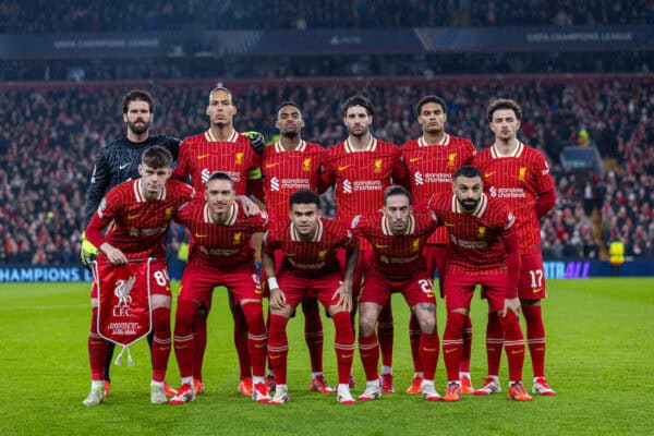 LIVERPOOL, ENGLAND - Tuesday, January 21, 2025: Liverpool's players line-up for a team group photograph before the UEFA Champions League game between Liverpool FC and Lille OSC at Anfield. (Photo by David Rawcliffe/Propaganda)