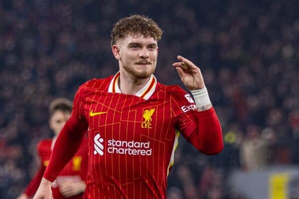 LIVERPOOL, ENGLAND - Tuesday, January 21, 2025: Liverpool's Harvey Elliott celebrates scoring his side's second goal during the UEFA Champions League game between Liverpool FC and Lille OSC at Anfield. (Photo by David Rawcliffe/Propaganda)