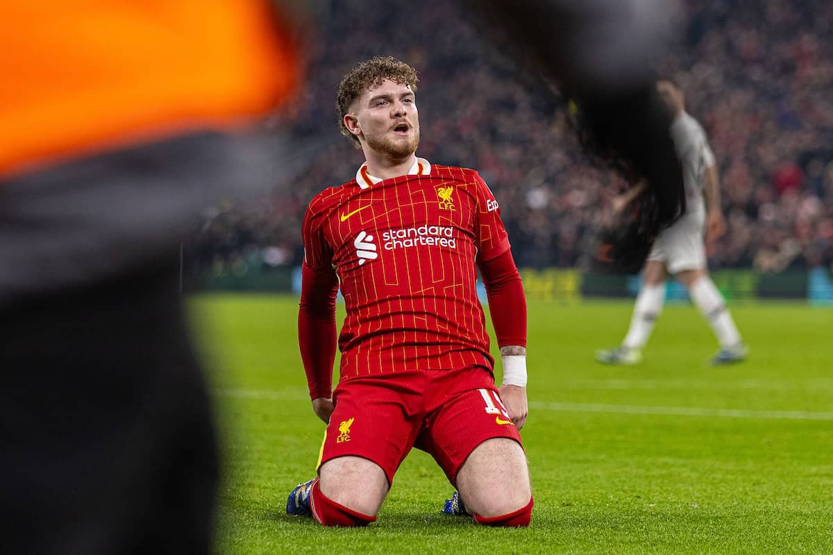 LIVERPOOL, ENGLAND - Tuesday, January 21, 2025: Liverpool's Harvey Elliott celebrates scoring his side's second goal during the UEFA Champions League game between Liverpool FC and Lille OSC at Anfield. (Photo by David Rawcliffe/Propaganda)