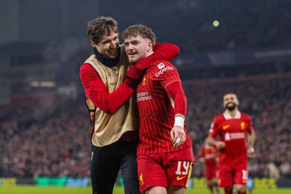 LIVERPOOL, ENGLAND - Tuesday, January 21, 2025: Liverpool's Harvey Elliott (R) celebrates with team-mate Federico Chiesa after scoring his side's second goal during the UEFA Champions League game between Liverpool FC and Lille OSC at Anfield. (Photo by David Rawcliffe/Propaganda)