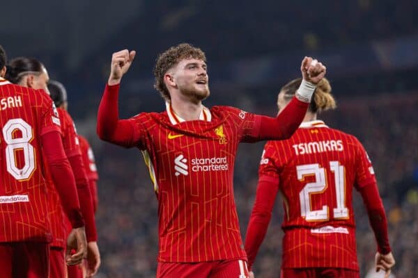 LIVERPOOL, ENGLAND - Tuesday, January 21, 2025: Liverpool's Harvey Elliott celebrates scoring his side's second goal during the UEFA Champions League game between Liverpool FC and Lille OSC at Anfield. (Photo by David Rawcliffe/Propaganda)