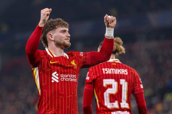 LIVERPOOL, ENGLAND - Tuesday, January 21, 2025: Liverpool's Harvey Elliott celebrates scoring his side's second goal during the UEFA Champions League game between Liverpool FC and Lille OSC at Anfield. (Photo by David Rawcliffe/Propaganda)