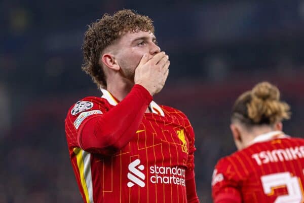 LIVERPOOL, ENGLAND - Tuesday, January 21, 2025: Liverpool's Harvey Elliott celebrates scoring his side's second goal during the UEFA Champions League game between Liverpool FC and Lille OSC at Anfield. (Photo by David Rawcliffe/Propaganda)