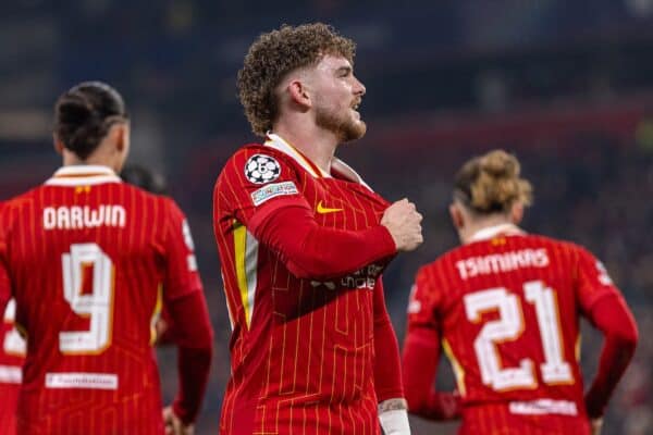 LIVERPOOL, ENGLAND - Tuesday, January 21, 2025: Liverpool's Harvey Elliott celebrates scoring his side's second goal during the UEFA Champions League game between Liverpool FC and Lille OSC at Anfield. (Photo by David Rawcliffe/Propaganda)