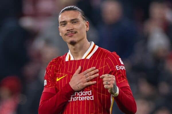 LIVERPOOL, ENGLAND - Tuesday, January 21, 2025: Liverpool's Darwin Núñez after the UEFA Champions League game between Liverpool FC and Lille OSC at Anfield. (Photo by David Rawcliffe/Propaganda)