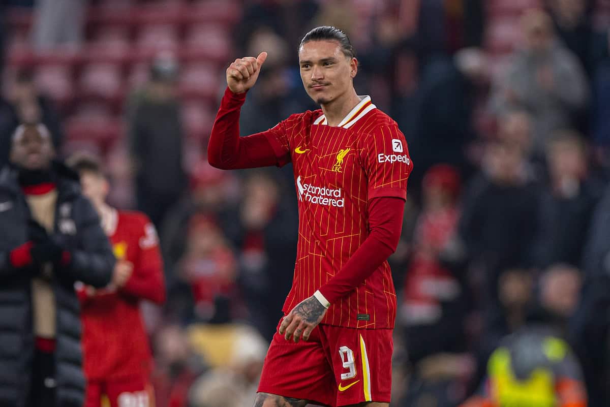 LIVERPOOL, ENGLAND - Tuesday, January 21, 2025: Liverpool's Darwin Núñez after the UEFA Champions League game between Liverpool FC and Lille OSC at Anfield. (Photo by David Rawcliffe/Propaganda)