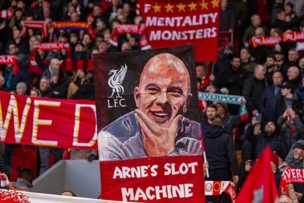 LIVERPOOL, ENGLAND - Saturday, January 25, 2025: Liverpool supporters' banner for head coach Arne Slot 'Arne's Slot Machine' during the FA Premier League match between Liverpool FC and Ipswich Town FC at Anfield. (Photo by David Rawcliffe/Propaganda)