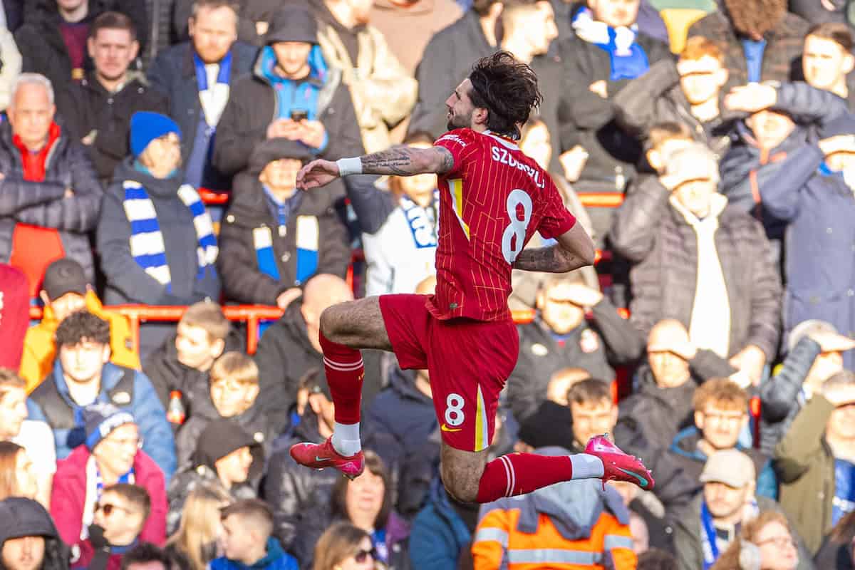 LIVERPOOL, ENGLAND - Saturday, January 25, 2025: Liverpool's Dominik Szoboszlai celebrates after scoring the first goal during the FA Premier League match between Liverpool FC and Ipswich Town FC at Anfield. (Photo by David Rawcliffe/Propaganda)