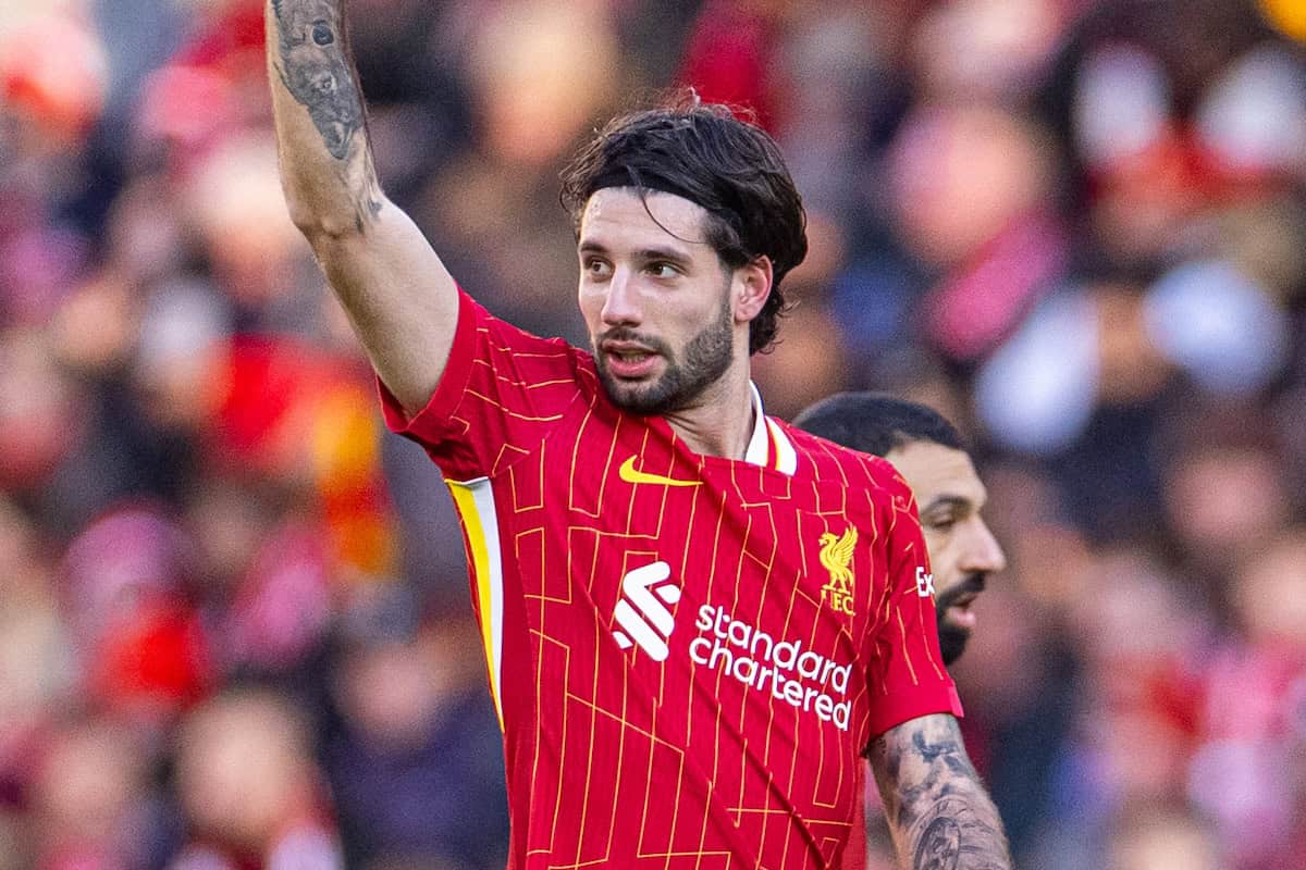 LIVERPOOL, ENGLAND - Saturday, January 25, 2025: Liverpool's Dominik Szoboszlai celebrates after scoring the first goal during the FA Premier League match between Liverpool FC and Ipswich Town FC at Anfield. (Photo by David Rawcliffe/Propaganda)