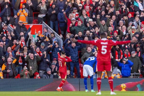 LIVERPOOL, ENGLAND - Saturday, January 25, 2025: Liverpool's Mohamed Salah celebrates after scoring the second goal during the FA Premier League match between Liverpool FC and Ipswich Town FC at Anfield. (Photo by David Rawcliffe/Propaganda)