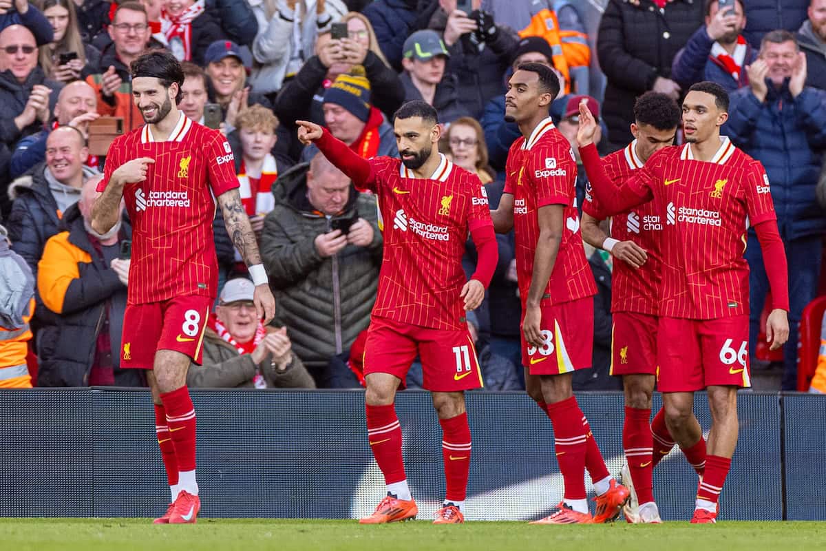 LIVERPOOL, ENGLAND - Saturday, January 25, 2025: Liverpool's Mohamed Salah celebrates after scoring the second goal during the FA Premier League match between Liverpool FC and Ipswich Town FC at Anfield. (Photo by David Rawcliffe/Propaganda)