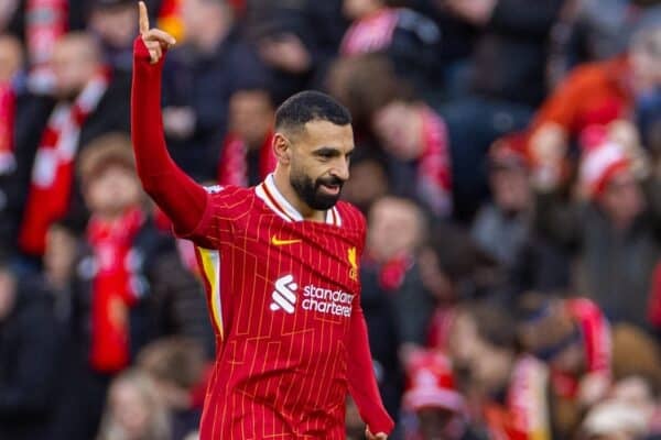 LIVERPOOL, ENGLAND - Saturday, January 25, 2025: Liverpool's Mohamed Salah celebrates after scoring the second goal during the FA Premier League match between Liverpool FC and Ipswich Town FC at Anfield. (Photo by David Rawcliffe/Propaganda)