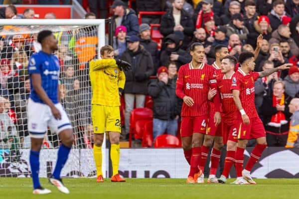 LIVERPOOL, ENGLAND - Saturday, January 25, 2025: Ipswich Town's goalkeeper Christian Walton looks dejected as Liverpool score a third goal during the FA Premier League match between Liverpool FC and Ipswich Town FC at Anfield. (Photo by David Rawcliffe/Propaganda)