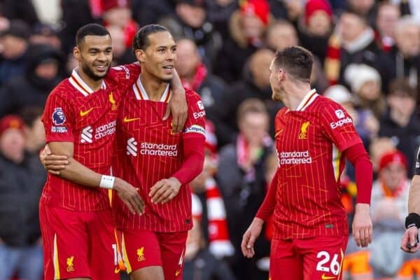 LIVERPOOL, ENGLAND - Saturday, January 25, 2025: Liverpool's Cody Gakpo (L) celebrates with team-mate captain Virgil van Dijk after scoring the third goal during the FA Premier League match between Liverpool FC and Ipswich Town FC at Anfield. (Photo by David Rawcliffe/Propaganda)