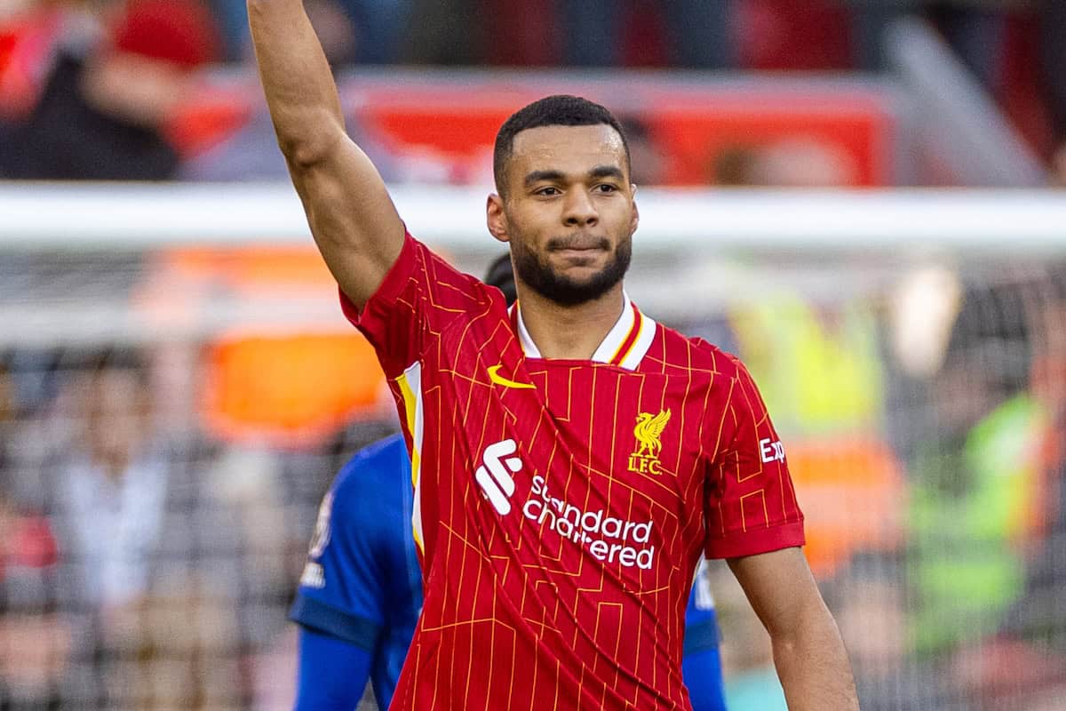 LIVERPOOL, ENGLAND - Saturday, January 25, 2025: Liverpool's Cody Gakpo celebrates after scoring the third goal during the FA Premier League match between Liverpool FC and Ipswich Town FC at Anfield. (Photo by David Rawcliffe/Propaganda)