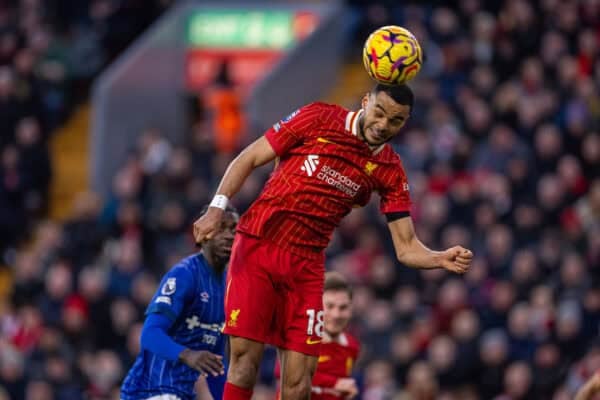 LIVERPOOL, ENGLAND - Saturday, January 25, 2025: Liverpool's Cody Gakpo scores his side's fourth goal during the FA Premier League match between Liverpool FC and Ipswich Town FC at Anfield. (Photo by David Rawcliffe/Propaganda)