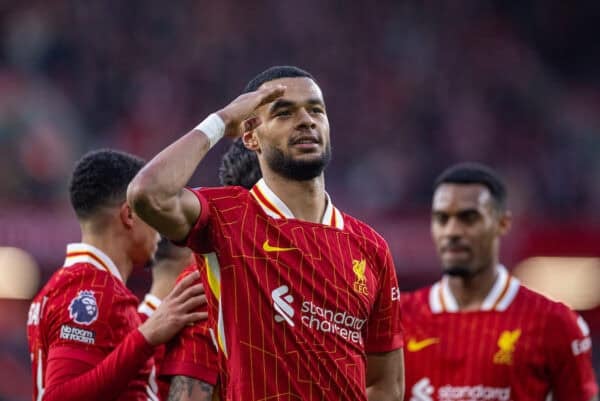 LIVERPOOL, ENGLAND - Saturday, January 25, 2025: Liverpool's Cody Gakpo celebrates after scoring his side's fourth goal during the FA Premier League match between Liverpool FC and Ipswich Town FC at Anfield. (Photo by David Rawcliffe/Propaganda)