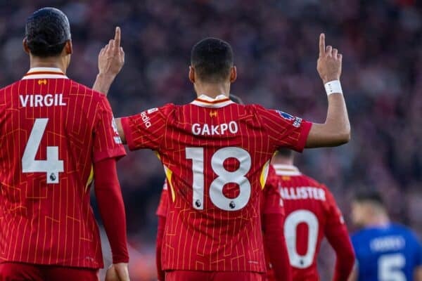 LIVERPOOL, ENGLAND - Saturday, January 25, 2025: Liverpool's Cody Gakpo celebrates after scoring his side's fourth goal during the FA Premier League match between Liverpool FC and Ipswich Town FC at Anfield. (Photo by David Rawcliffe/Propaganda)