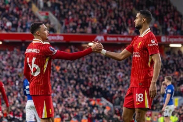 LIVERPOOL, ENGLAND - Saturday, January 25, 2025: Liverpool's Cody Gakpo (R) celebrates with team-mate Trent Alexander-Arnold after scoring his side's fourth goal during the FA Premier League match between Liverpool FC and Ipswich Town FC at Anfield. (Photo by David Rawcliffe/Propaganda)