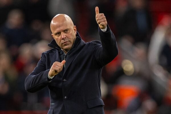 LIVERPOOL, ENGLAND - Saturday, January 25, 2025: Liverpool's head coach Arne Slot celebrates after the FA Premier League match between Liverpool FC and Ipswich Town FC at Anfield. Liverpool won 4-1. (Photo by David Rawcliffe/Propaganda)