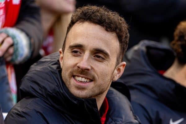 LIVERPOOL, ENGLAND - Saturday, January 25, 2025: Liverpool's injured Diogo Jota during the FA Premier League match between Liverpool FC and Ipswich Town FC at Anfield. (Photo by David Rawcliffe/Propaganda)