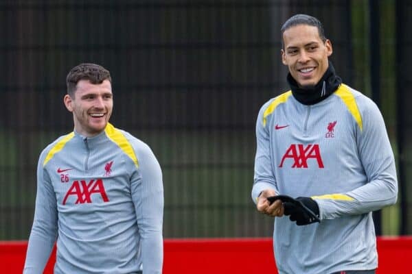 LIVERPOOL, ENGLAND - Tuesday, January 28, 2025: Liverpool's Andy Robertson and captain Virgil van Dijk during a training session at the AXA Training Centre ahead of the UEFA Champions League match between PSV Eindhoven and Liverpool FC. (Photo by Jon Super/Propaganda)