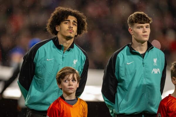 EINDHOVEN, NETHERLANDS - Wednesday, January 29, 2025: Liverpool's Jayden Danns (L) and James McConnell (R) during the UEFA Champions League Matchday 8 game between PSV Eindhoven and Liverpool FC at the Philips Stadion. (Photo by David Rawcliffe/Propaganda)