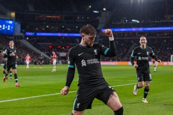 EINDHOVEN, NETHERLANDS - Wednesday, January 29, 2025: Liverpool's Harvey Elliott celebrates after scoring the second goal during the UEFA Champions League Matchday 8 game between PSV Eindhoven and Liverpool FC at the Philips Stadion. (Photo by David Rawcliffe/Propaganda)