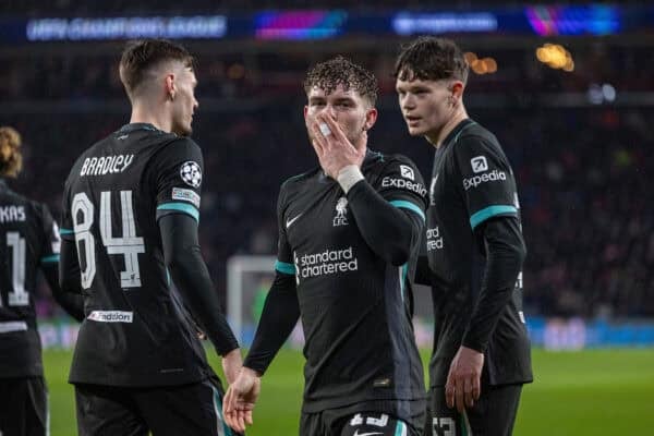 EINDHOVEN, NETHERLANDS - Wednesday, January 29, 2025: Liverpool's Harvey Elliott celebrates after scoring the second goal during the UEFA Champions League Matchday 8 game between PSV Eindhoven and Liverpool FC at the Philips Stadion. (Photo by David Rawcliffe/Propaganda)