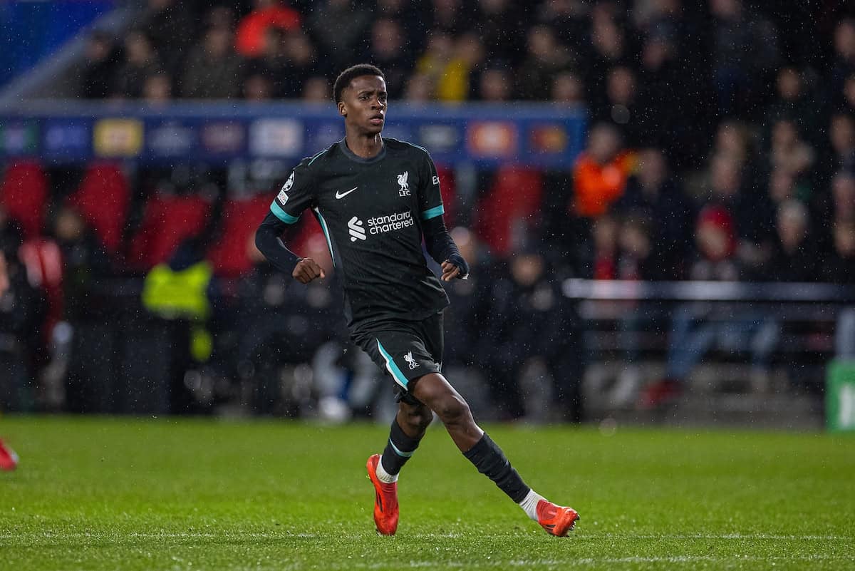 EINDHOVEN, NETHERLANDS - Wednesday, January 29, 2025: Liverpool's Trey Nyoni during the UEFA Champions League Matchday 8 game between PSV Eindhoven and Liverpool FC at the Philips Stadion. (Photo by David Rawcliffe/Propaganda)