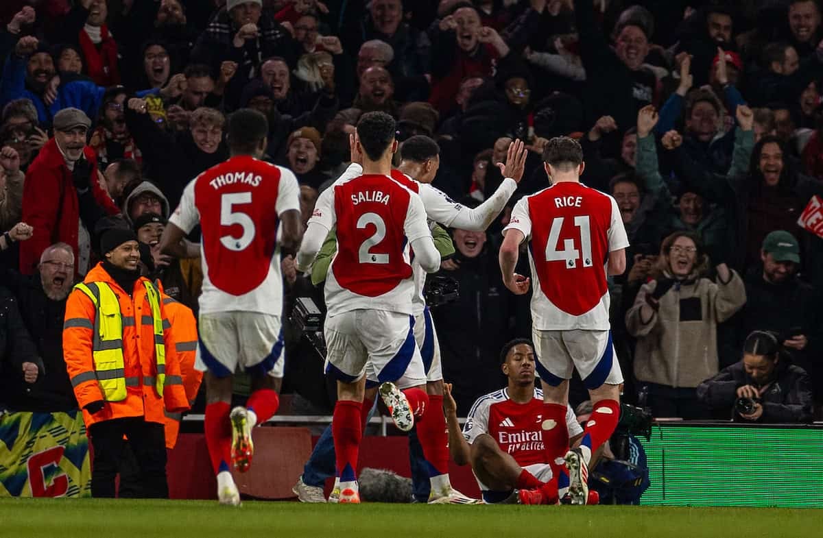 LONDON, ENGLAND - Sunday, February 2, 2025: Arsenal's Myles Lewis-Skelly celebrates after scoring the third goal during the FA Premier League match between Arsenal FC and Manchester City FC at the Emirates Stadium. (Photo by David Rawcliffe/Propaganda)