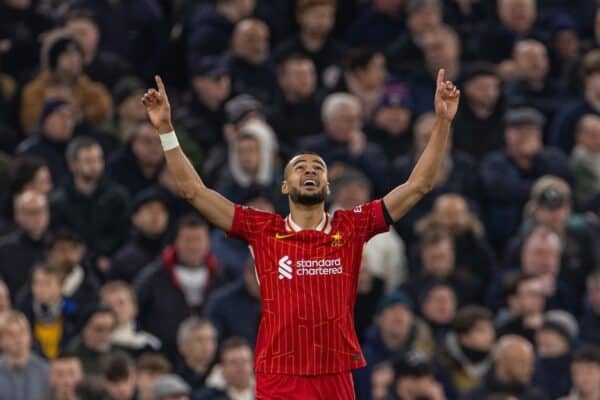 LIVERPOOL, ENGLAND - Thursday, February 6, 2025: Liverpool's Cody Gakpo celebrates after scoring the first goal during the Football League Cup Semi-Final 2nd Leg match between Liverpool FC and Tottenham Hotspur FC at Anfield. (Photo by David Rawcliffe/Propaganda)