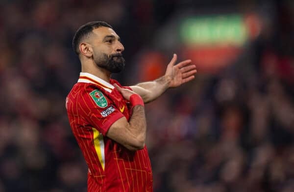 LIVERPOOL, ENGLAND - Thursday, February 6, 2025: Liverpool's Mohamed Salah celebrates after scoring his side's second goal from a penalty-kick during the Football League Cup Semi-Final 2nd Leg match between Liverpool FC and Tottenham Hotspur FC at Anfield. (Photo by David Rawcliffe/Propaganda)