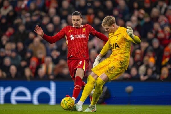 LIVERPOOL, ENGLAND - Thursday, February 6, 2025: Liverpool's Darwin Núñez closes down Tottenham Hotspur's goalkeeper Antonín Kinský during the Football League Cup Semi-Final 2nd Leg match between Liverpool FC and Tottenham Hotspur FC at Anfield. (Photo by David Rawcliffe/Propaganda)